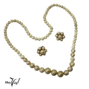 Vintage Necklace Clip On Earring Set Japan White Gold Flecked Beads 26" -Hey Viv